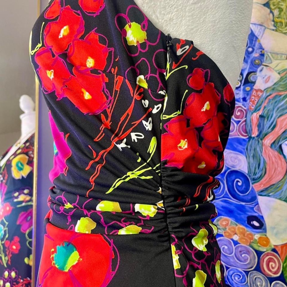 90s David Meister colorful floral halter neck asymmetrical hem dress size 6 - Picture 6 of 8